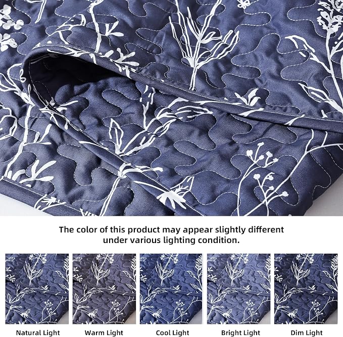 JANZAA Quilts Queen Size Navy Blue Floral Queen Quilt Bedding Set Microfiber - Image 4