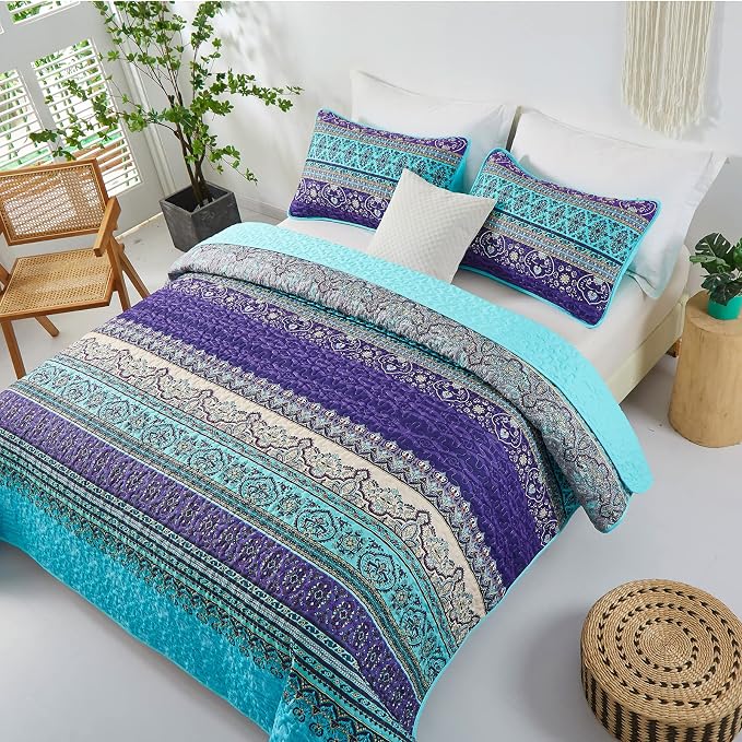 WONGS BEDDING Boho Queen Quilt Set, Lightweight Microfiber Bed Decor Bedspread - Image 7
