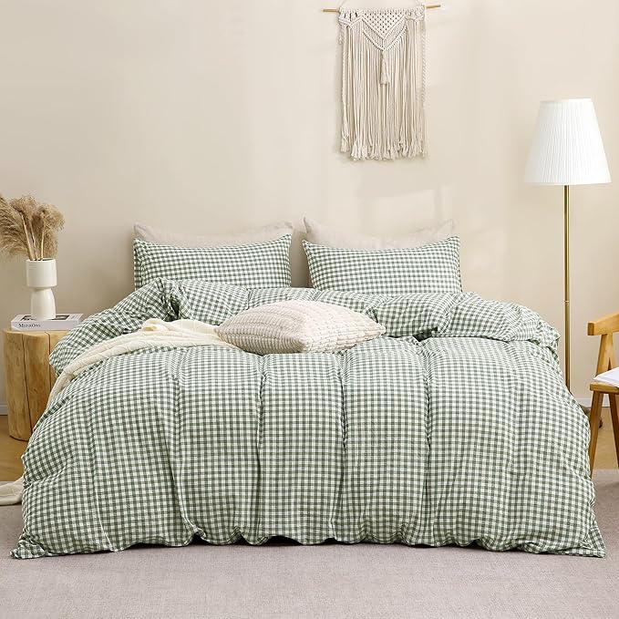 TOCOMOA Green Gingham Duvet Cover Bedding Set 100% Washed Cotton Like Linen - Image 3