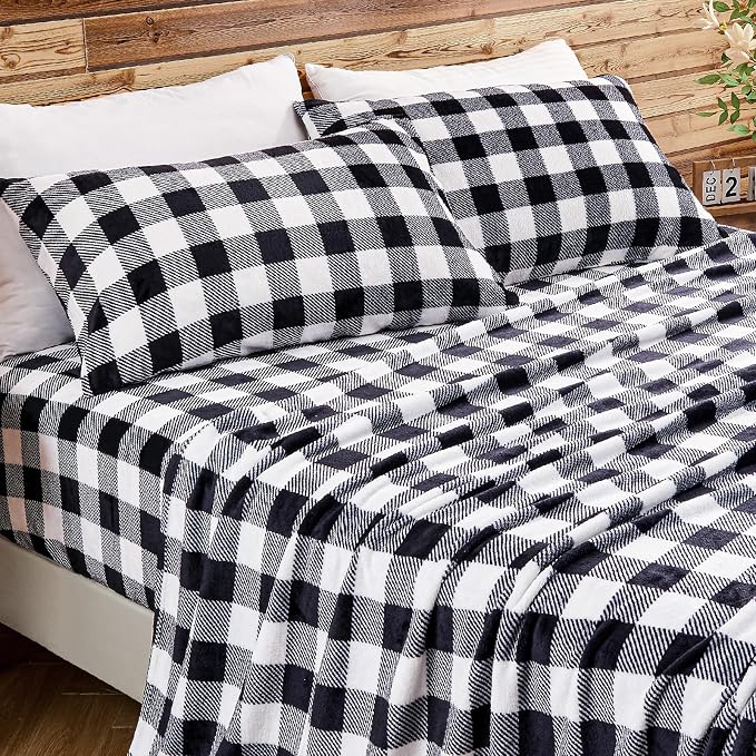 BEDELITE Fleece Sheets Queen Size Bed Set, Luxury Red and Black Plaid Winter - Image 2