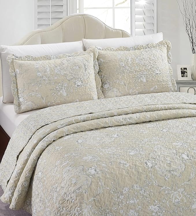 Brilliant Sunshine Classic Grey Floral Toile in Beige Background, 3-Piece Quilt - Image 3