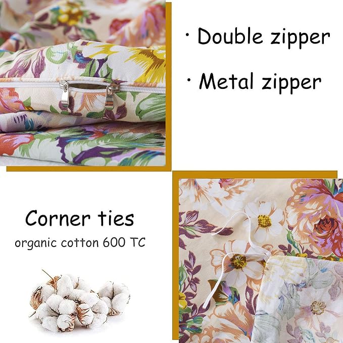 FADFAY Garden Floral Bedding Set Queen 100% Cotton 600 TC Shabby Vintage Duvet - Image 4