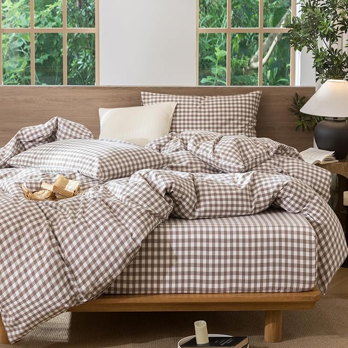MooMee Gingham Duvet Cover Set 100% Washed Cotton Linen Like Textured - Image 6
