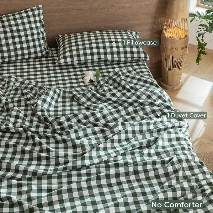 MooMee Gingham Duvet Cover Set 100% Washed Cotton Linen Like Textured - Image 2