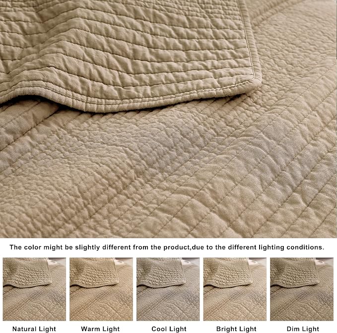 palassio Striped Dark Beige 100% Cotton Quilt Queen Size Bedding Sets, - Image 6