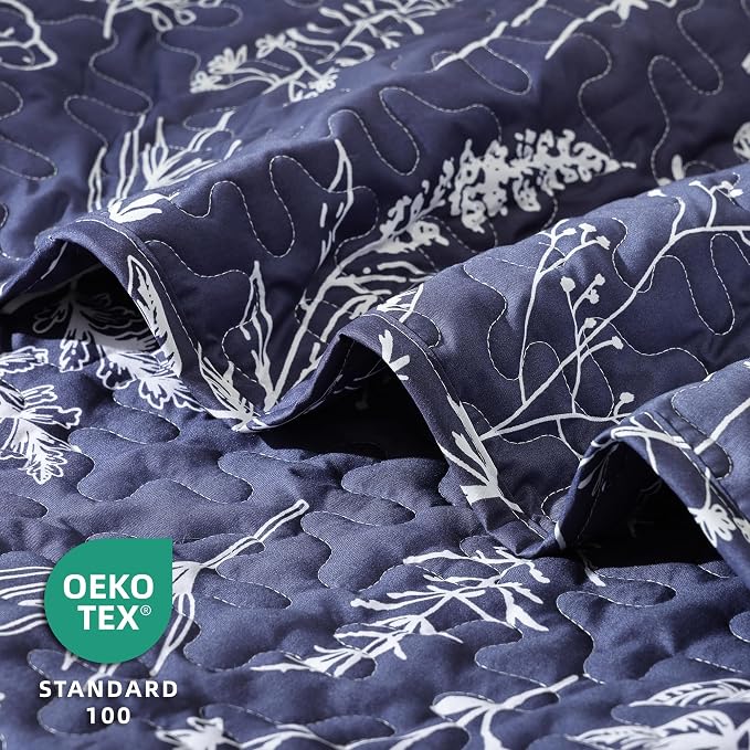 JANZAA Quilts Queen Size Navy Blue Floral Queen Quilt Bedding Set Microfiber - Image 2