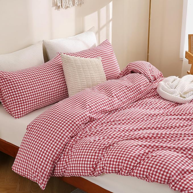 TOCOMOA Red Gingham Duvet Cover Bedding Set 100% Washed Cotton Like Linen Feel - Image 4