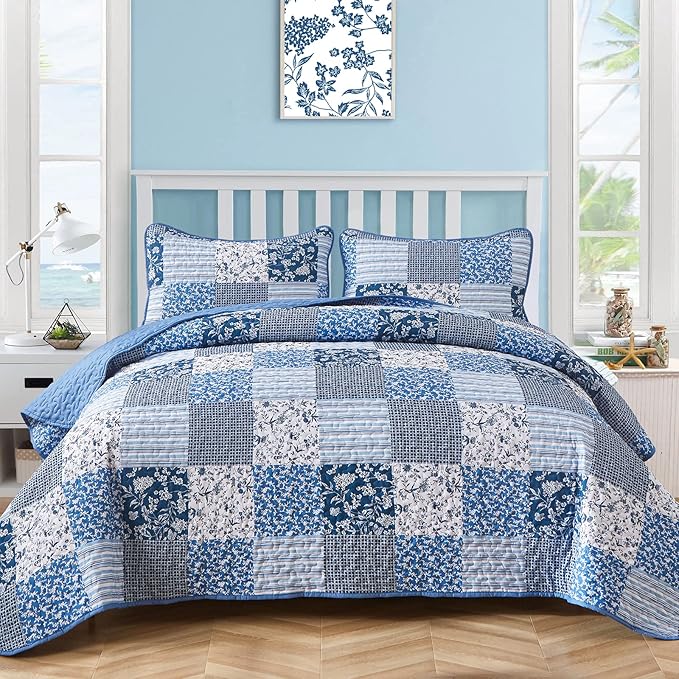 Mybedsoul Blue Boho Quilt Set King Size, 3 Pieces Plaid Floral Bedspread by Mybedsoul