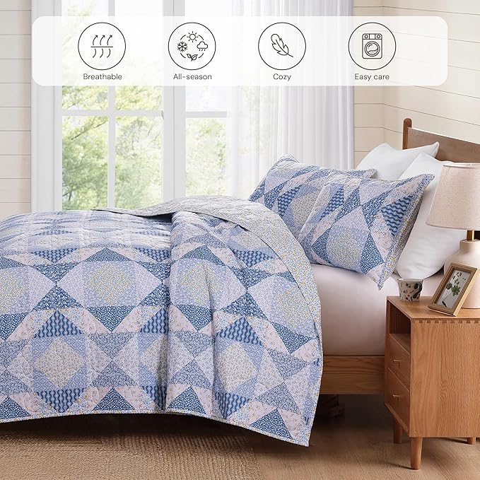 BLOOMHAVEN Quilt Set King Size, Patchwork Blue Marigold Floral Quilt Sets - Image 4