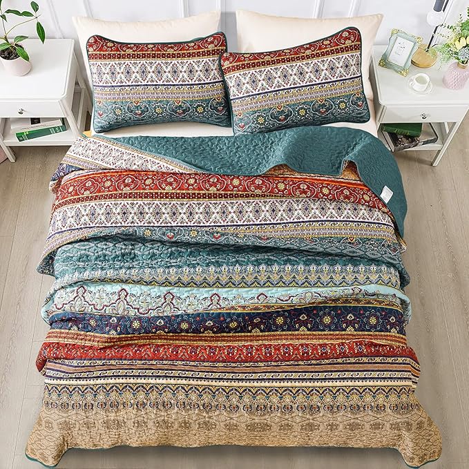 WONGS BEDDING Boho King Quilt Set, Lightweight Microfiber Bed Decor Bedspread - Image 4