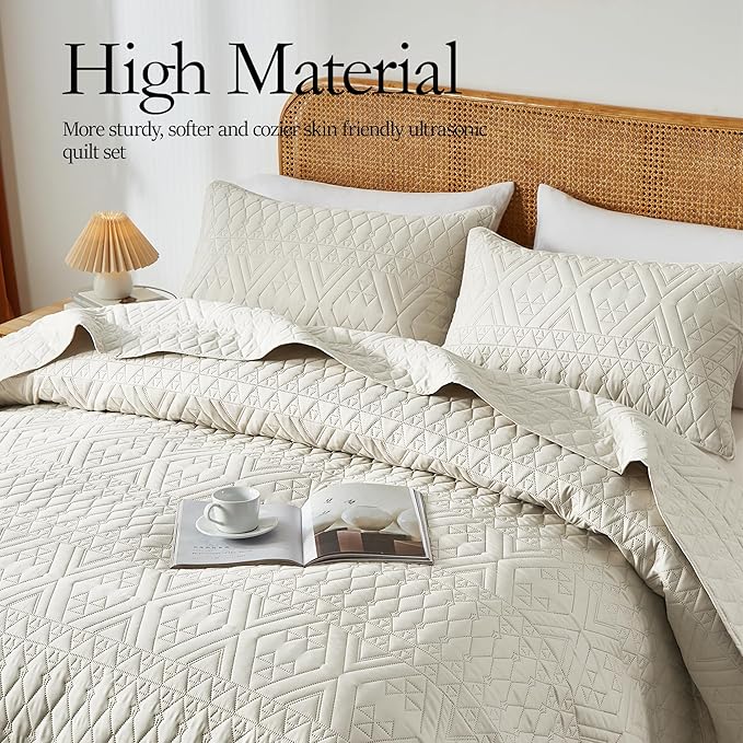 akkialla Full/Queen Quilt Set, Boho Style in a Solid Color, Cream Lightweight - Image 3