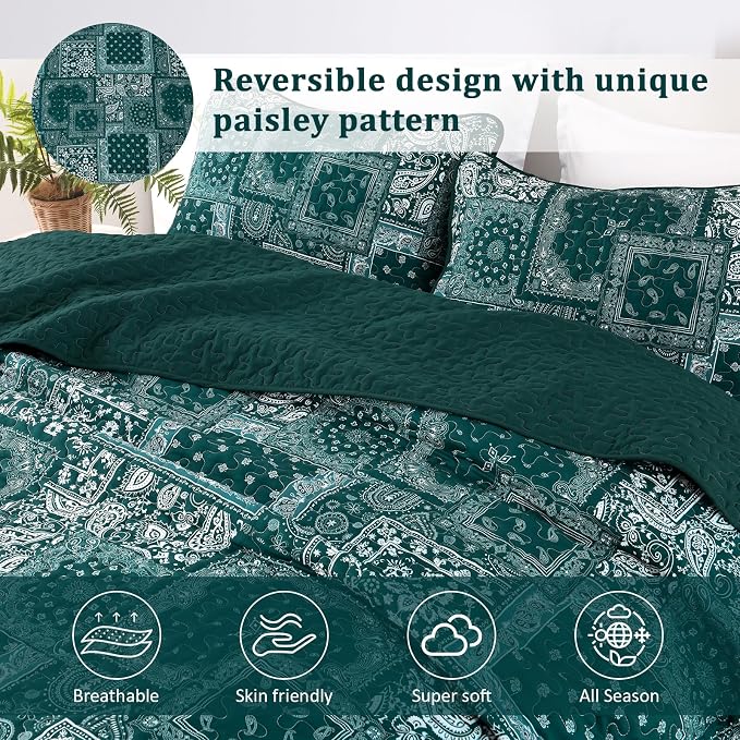 Cottolester Queen Quilt Set 3 Pieces, Emerald Green Patchwork Quilt Set - Image 4