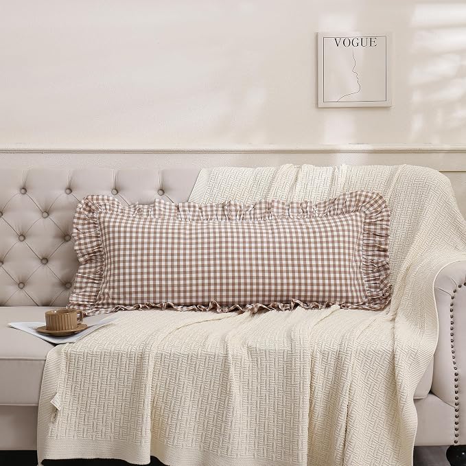 14x36 inches Taupe Plaid Ruffle Gingham Lumbar Throw Pillow Cover, Pure Cotton - Image 3