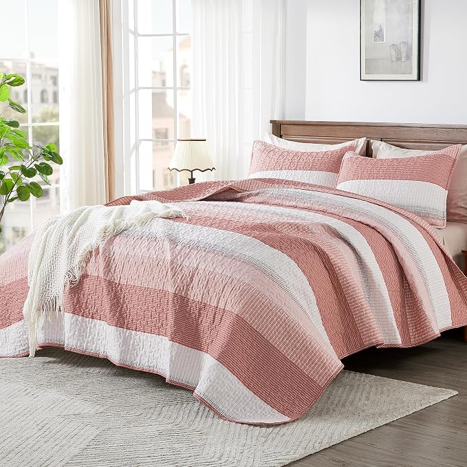 Andency Queen Quilt Bedding Set Blush Pink, 3 Pieces Patchwork Summer Striped - Image 2