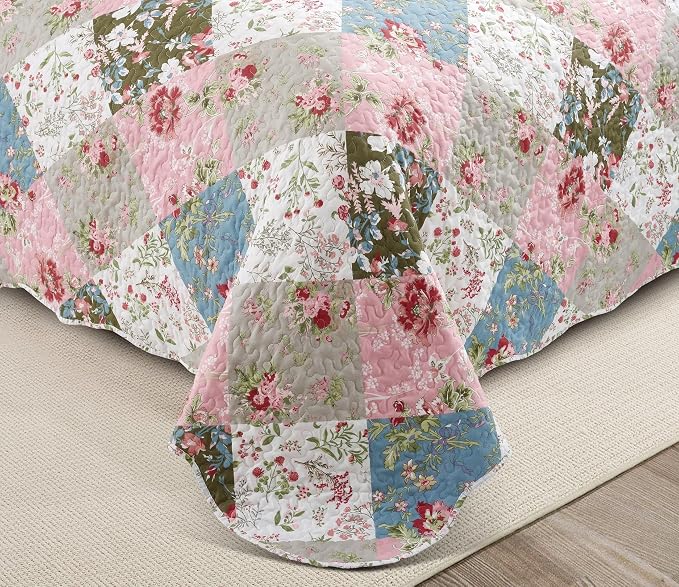 Brilliant Sunshine Peach and Olive Flowers Patchwork, 2-Piece Quilt Set - Image 4