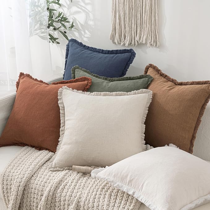 MIULEE Decorative Throw Pillow Covers Neutral Linen Fringe Throw Pillows Euro - Image 7