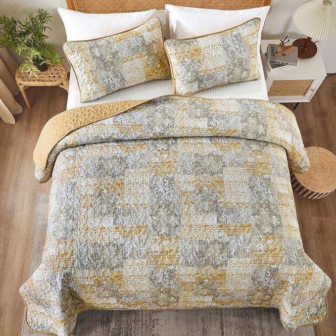 Mybedsoul Yellow Boho Quilt Set King Size 3 Pieces Grey and Yellow Plaid Floral - Image 2