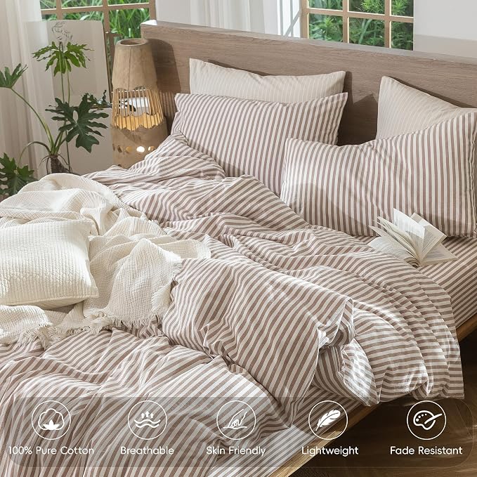 MooMee Striped Duvet Cover Set 100% Washed Cotton Linen Like Textured - Image 4