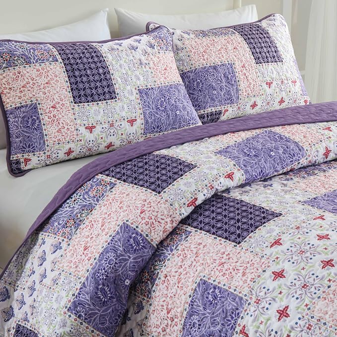 Xruibed Patchwork Quilt Set Queen Size 3 Pieces Purple Floral Plaid Bedspread - Image 3