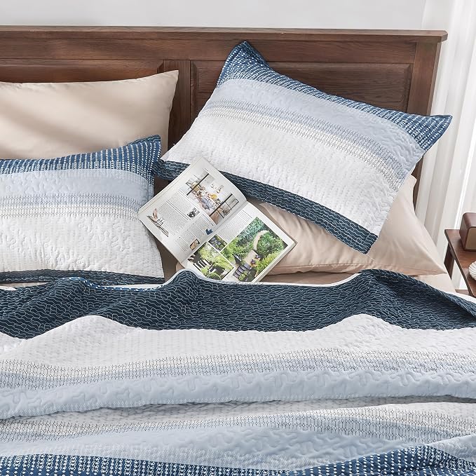 Andency Navy Blue Striped Quilt Set Cal King, 3 Pieces Patchwork Bedspread - Image 2