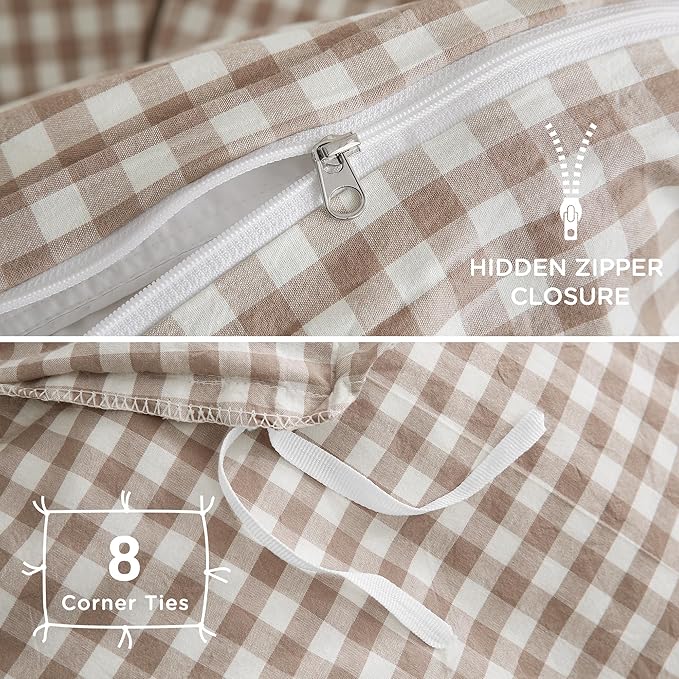 TOCOMOA Tan Gingham Duvet Cover Bedding Set 100% Washed Cotton Like Linen Feel - Image 6