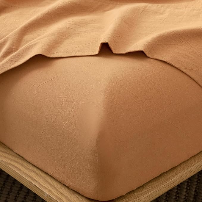 MooMee Fitted Bottom Sheet Only 100% Washed Cotton Linen Like Textured by MOOMEE