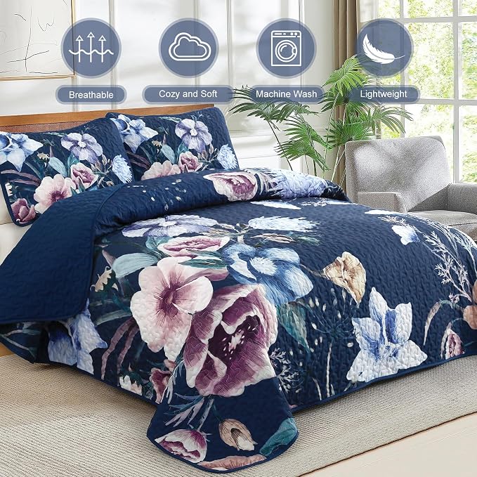 Drucon Blue Floral Quilt Set King Size 3 Pieces Blue Botanical Flower Quilt - Image 2
