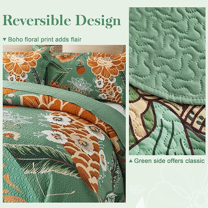 Tyrot 3 Piece Sage Green Boho Floral Californial King Quilt Sets Farmhouse - Image 3