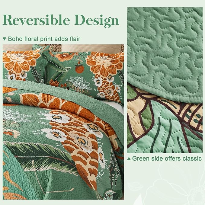 Tyrot 3 Piece Sage Green Boho Floral King Size Quilt Sets Farmhouse Botanical - Image 3