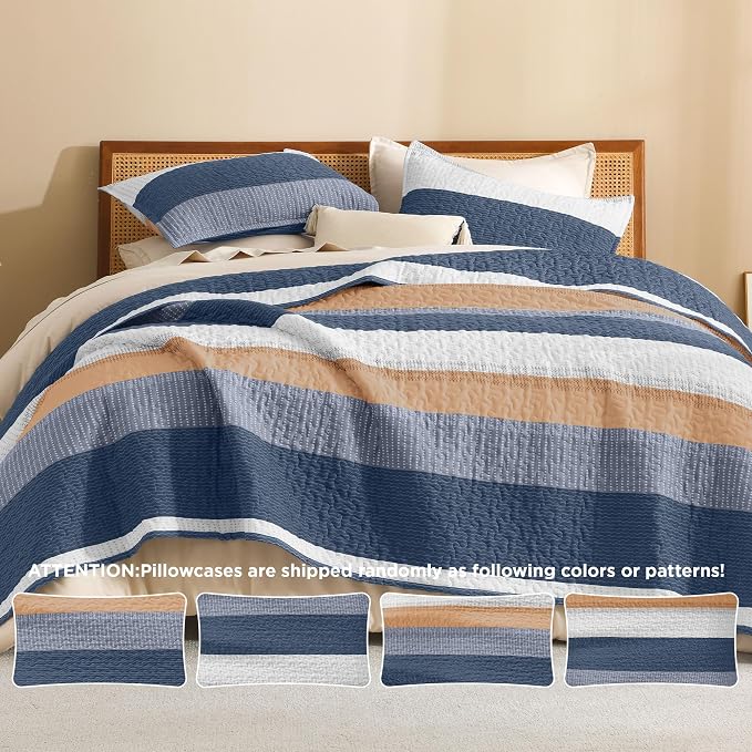 Litanika California King Quilt Set BlueO, Stripe Patchwork Summer Bedspread - Image 5