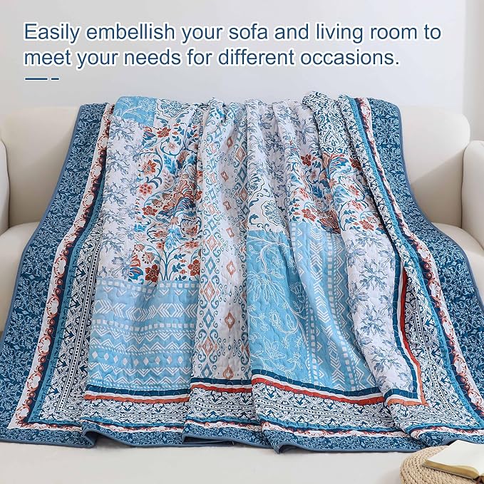 WONGS BEDDING Blue Quilt Set King Size, 3 Pieces Boho Patchwork Bedspread - Image 7