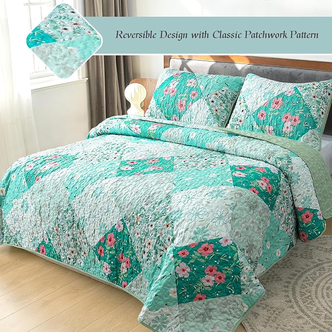 Whale Flotilla Patchwork Quilt Twin Size, Extra Soft Boho Floral Bedspreads - Image 2