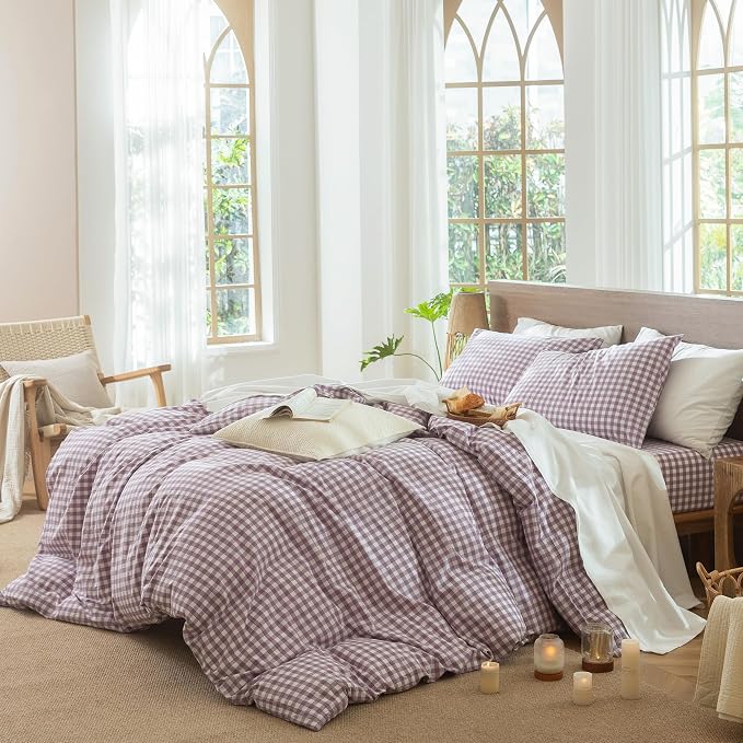 MooMee Gingham Duvet Cover Set 100% Washed Cotton Linen Like Textured - Image 3