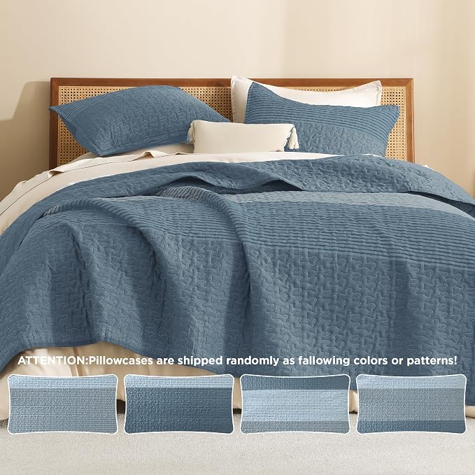 Litanika Oversized Queen Quilt Set Blue Linen, 98x98 Stripe Bedspread Coverlet - Image 5