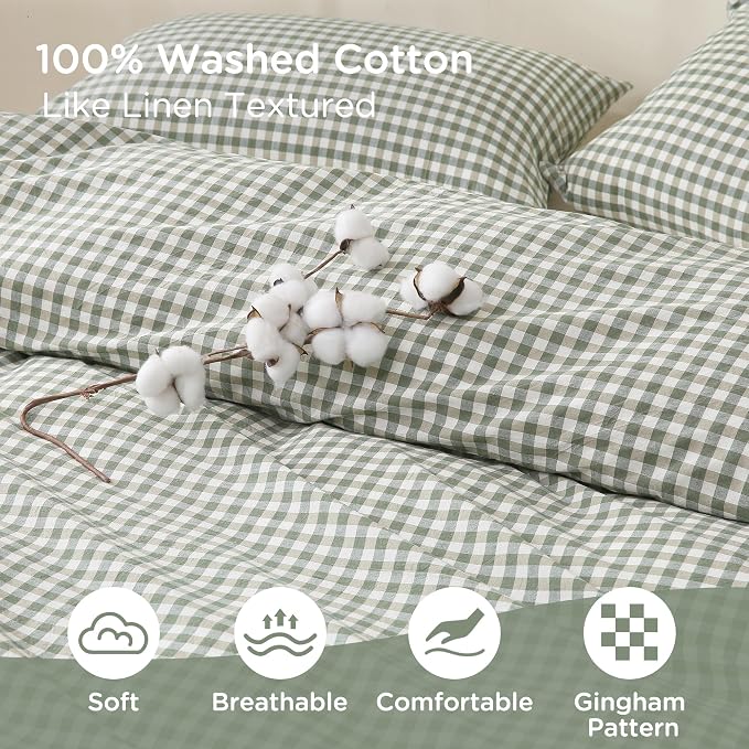 TOCOMOA Green Gingham Duvet Cover Bedding Set 100% Washed Cotton Like Linen - Image 5