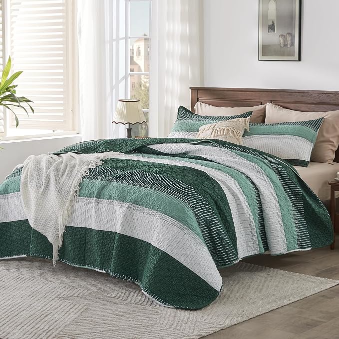 Andency Emerald Green Quilt Queen, 3 Pieces Patchwork Striped Bedspread - Image 2