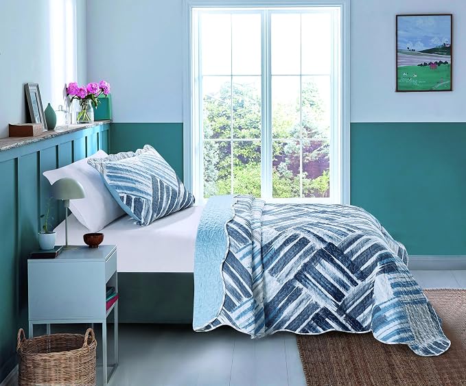 Brilliant Sunshine Blue and Grey Stripe Blocks Patchwork, 2-Piece Quilt Set - Image 7