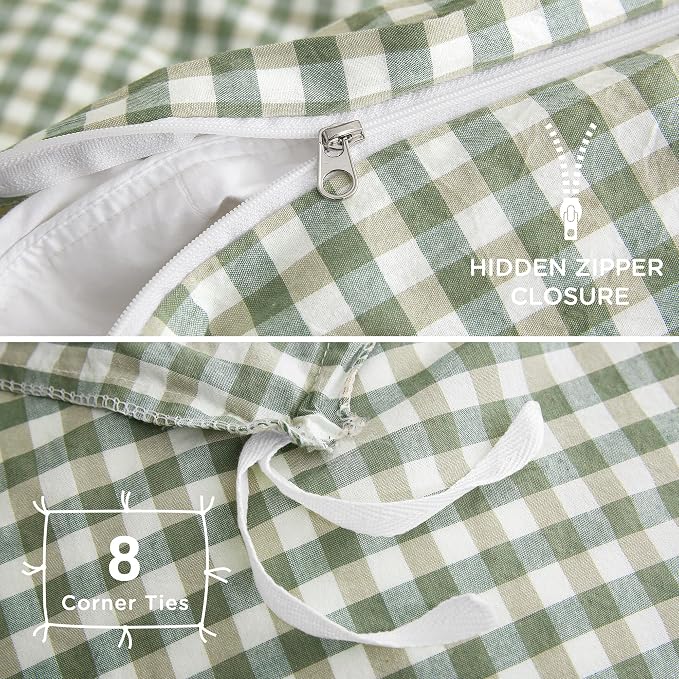 TOCOMOA Green Gingham Duvet Cover Bedding Set 100% Washed Cotton Like Linen - Image 6