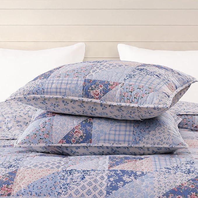 BLOOMHAVEN Quilt Set Twin Size, Patchwork Blue Pink Marigold Floral Quilt Sets - Image 5