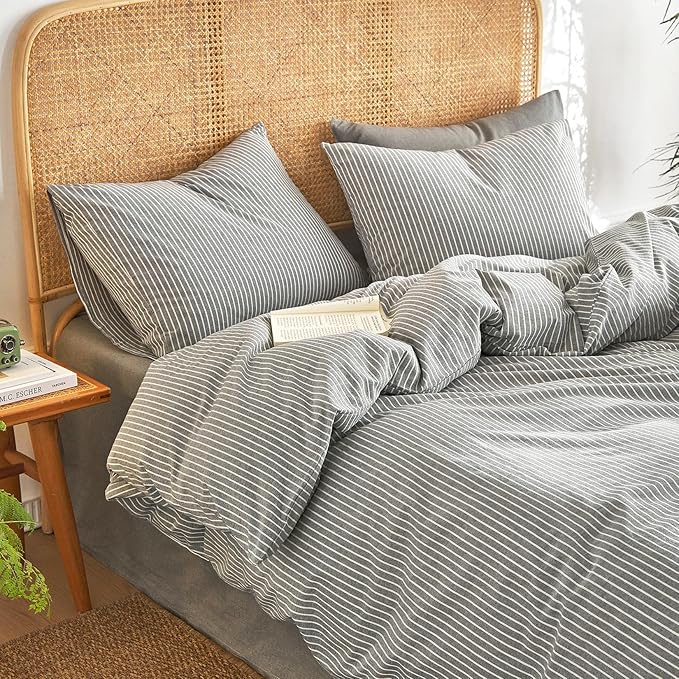 Wake In Cloud - Striped Cotton Duvet Cover Set, 100% Washed Cotton Textured by WakeInCloud
