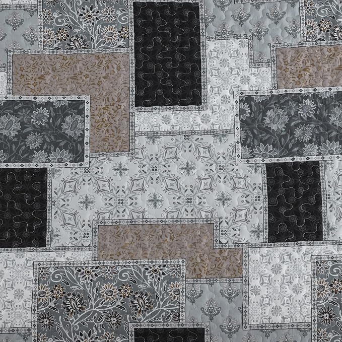 Xruibed Grey Quilt Set King Size 3 Pieces Plaid Floral Boho Bedspread Coverlet - Image 6