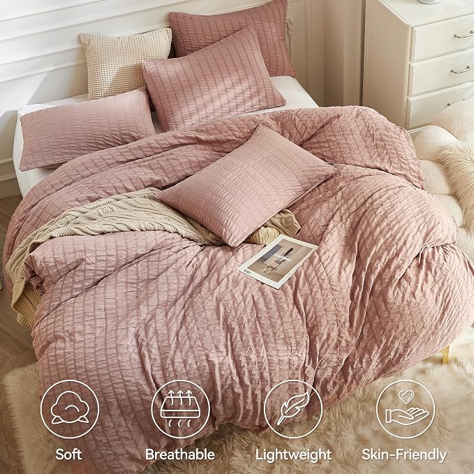 JELLYMONI Smokey Pink Duvet Cover Twin Size, Soft Breathable Seersucker Duvet - Image 2
