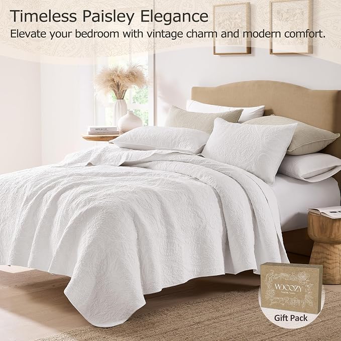 palassio White Paisley 100% Cotton Quilt Queen Size Bedding Sets - Image 2