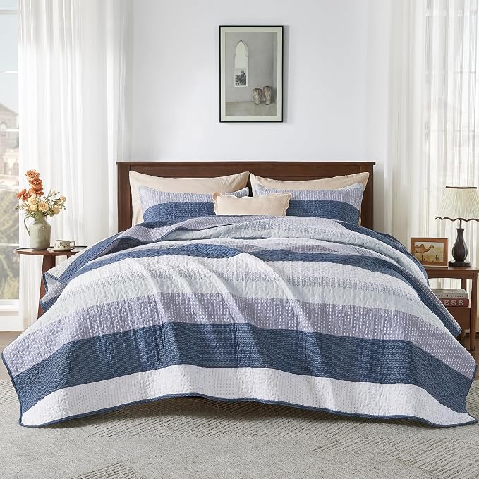 Andency Queen Quilt Bedding Set Mineral Blue, 3 Pieces Patchwork Summer Striped - Image 7