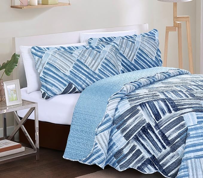 Brilliant Sunshine Blue and Grey Stripe Blocks Patchwork, 3-Piece Quilt Set - Image 3