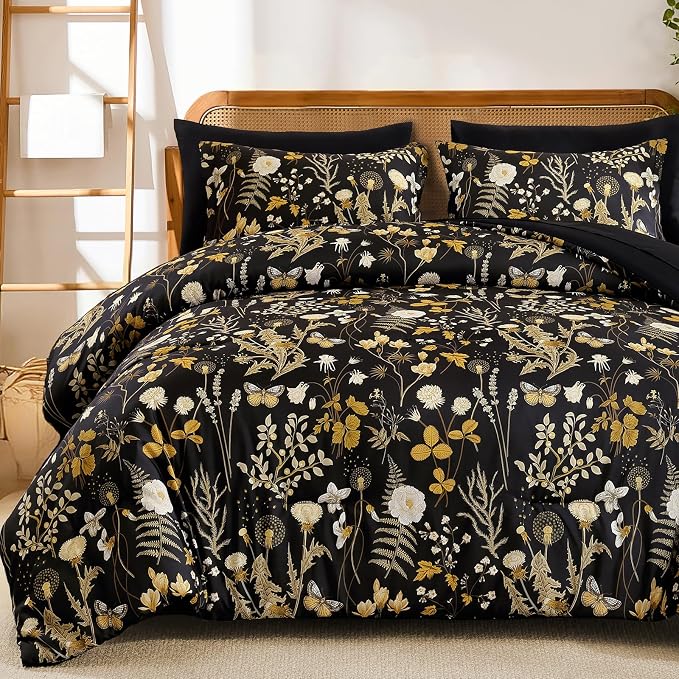 Yiran King Size Comforter Set, 7 Pieces Black Floral Soft Bedding Sets by Yiran