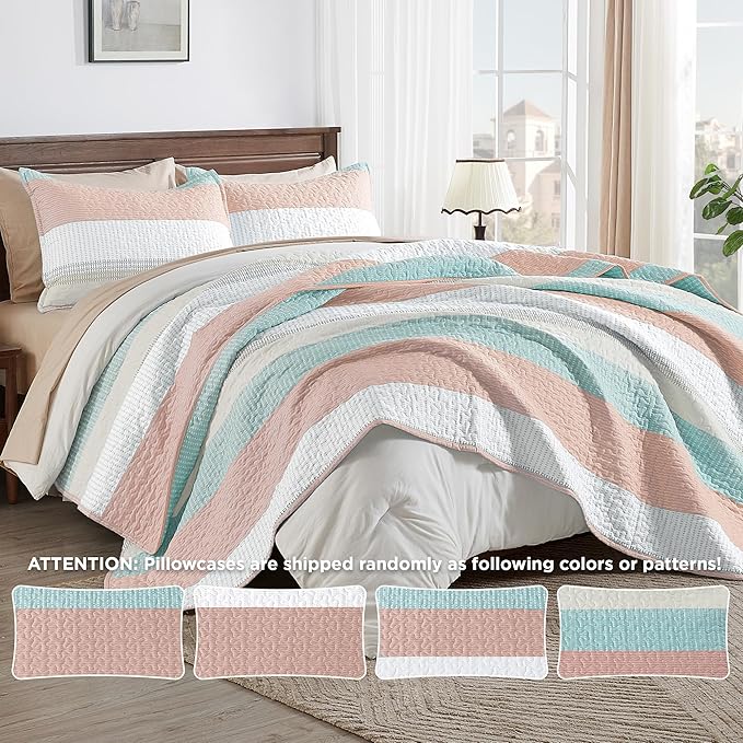 Andency Queen Quilt Bedding Set Pink Green, 3 Pieces Patchwork Summer Striped - Image 5