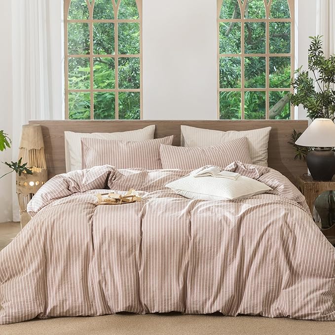 MooMee Striped Duvet Cover Set 100% Washed Cotton Linen Like Textured by MOOMEE
