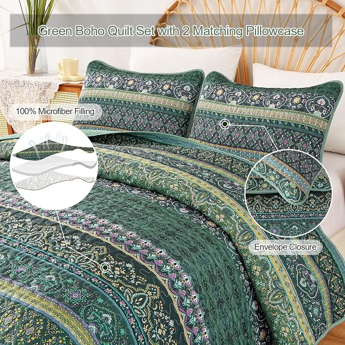 WONGS BEDDING Boho Quilt Queen Size, Lightweight Microfiber Bed Decor Bedspread - Image 3