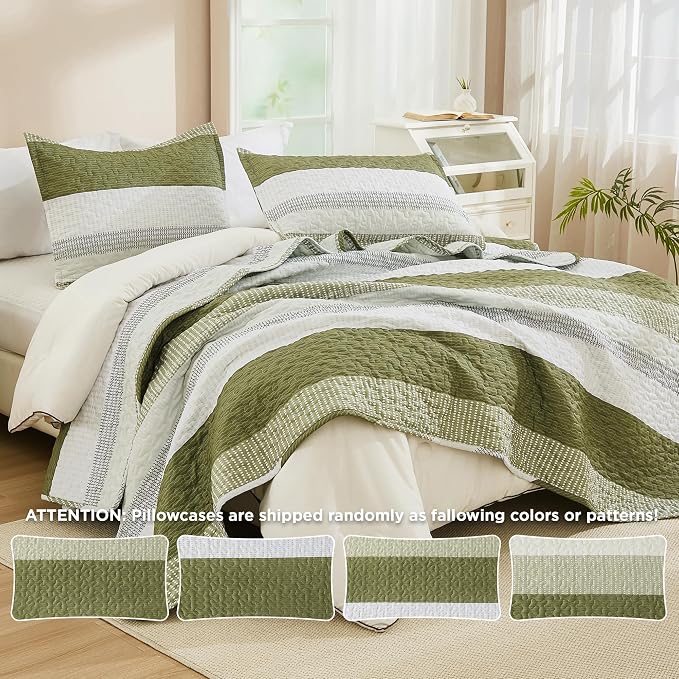 Andency Queen Quilt Bedding Set Olive, 3 Pieces Patchwork Olive Green Striped - Image 4